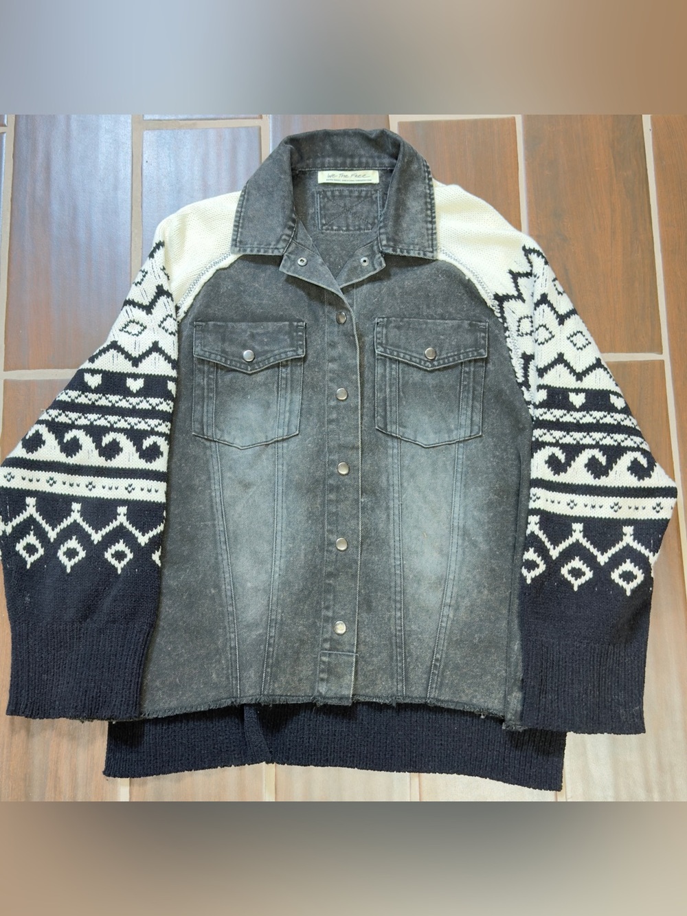 Free People Black & Cream Mixed-Media Knit-Sleeve Jean Jacket - Picture 4 of 13